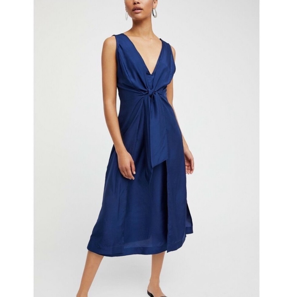 Free People Mumbai Nights Blue 100% Silk Tie Front V-Neck Midi Dress XS